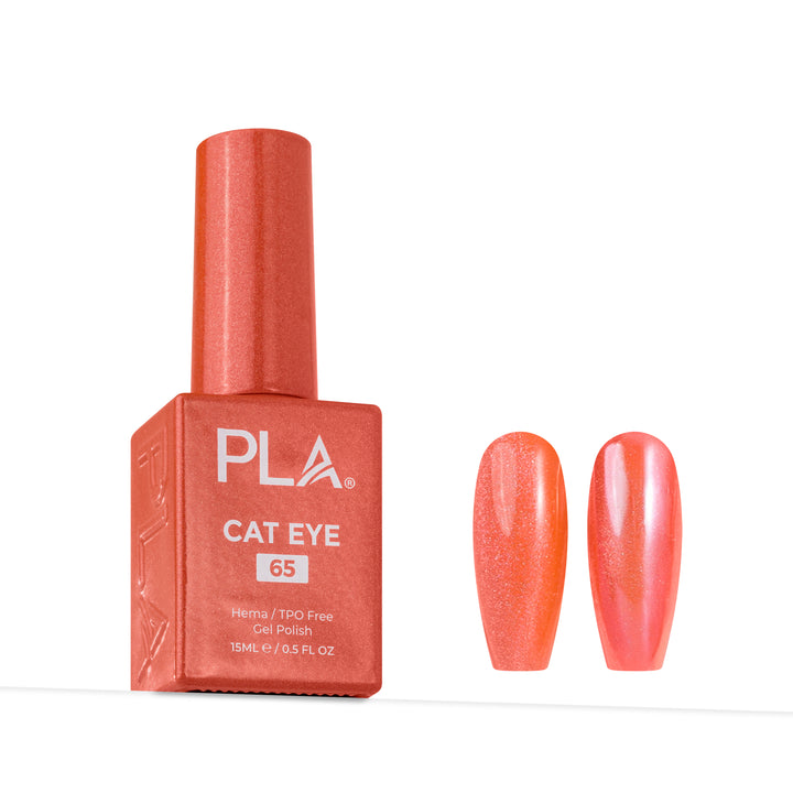 A bottle of PLA Cat Eye gel nail polish in shade 65, shown next to two almond-shaped nail tips displaying the shimmering coral-pink polish.