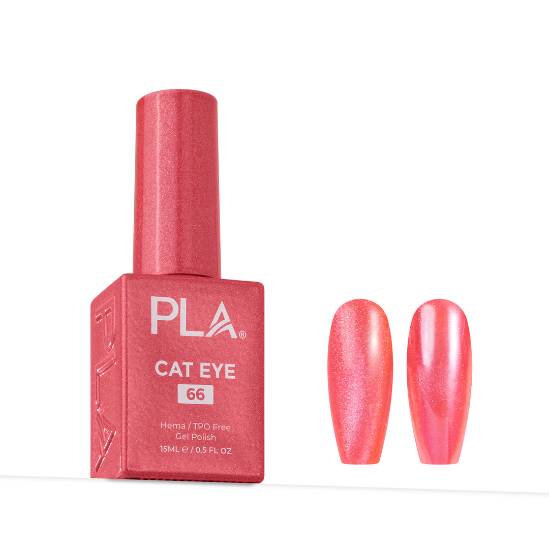 PLA Cat Eye gel nail polish in shade 66, shown in a metallic pink bottle alongside two almond-shaped nail swatches displaying the shimmering pink color.