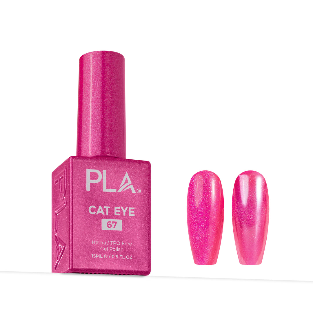 A bottle of PLA Cat Eye gel nail polish in shade 67, shown next to two artificial nail tips displaying the shimmering pink color.