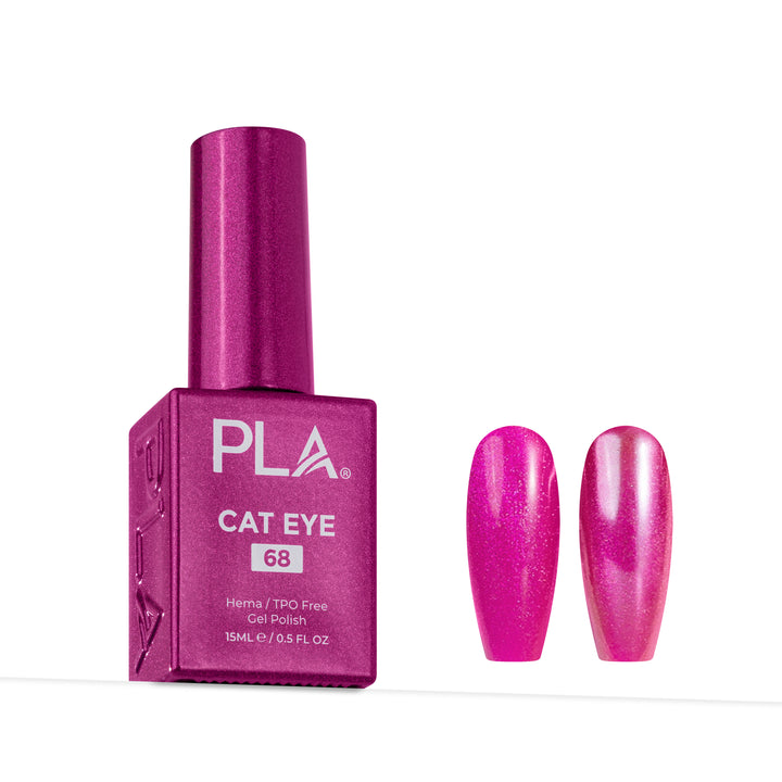 A bottle of PLA Cat Eye gel nail polish in shade 68, shown next to two almond-shaped nail tips displaying the shimmering magenta-pink polish.