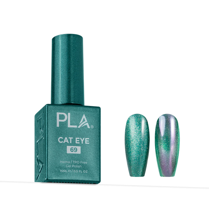 A bottle of PLA Cat Eye gel nail polish in shade 69, shown next to two false nail tips displaying the shimmering iridescent green finish.