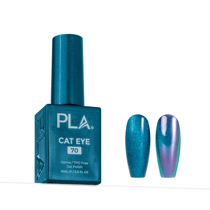 PLA Cat Eye 70 gel nail polish bottle in a metallic teal-blue shade, shown next to two artificial nail tips displaying the shimmering iridescent finish.