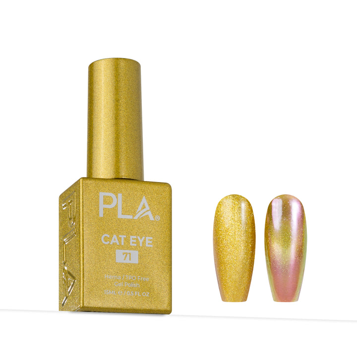 PLA Cat Eye gel nail polish in shade 71, shown in a metallic gold bottle alongside two artificial nail tips demonstrating the gold glitter finish and one showing the iridescent cat-eye effect.