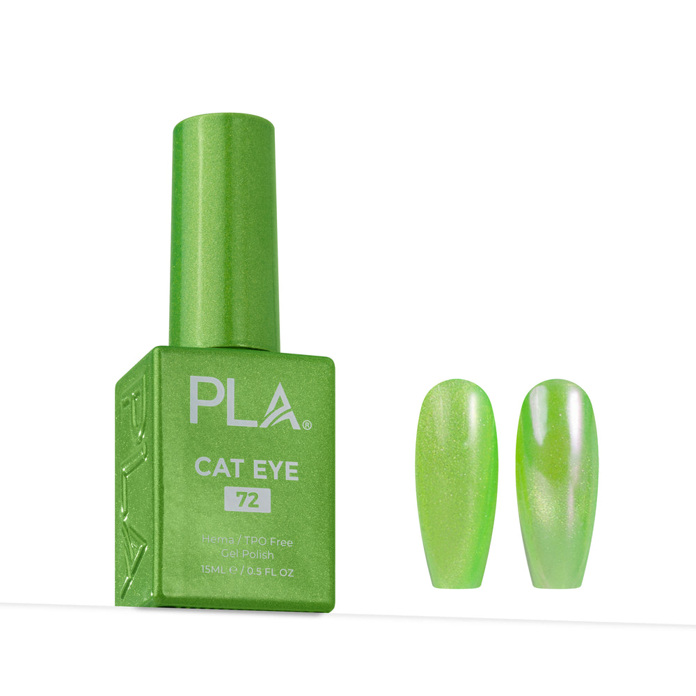 A bottle of PLA Cat Eye nail polish in shade 72 next to two almond-shaped nail tips showing the glossy, shimmering light green finish, on a white background.