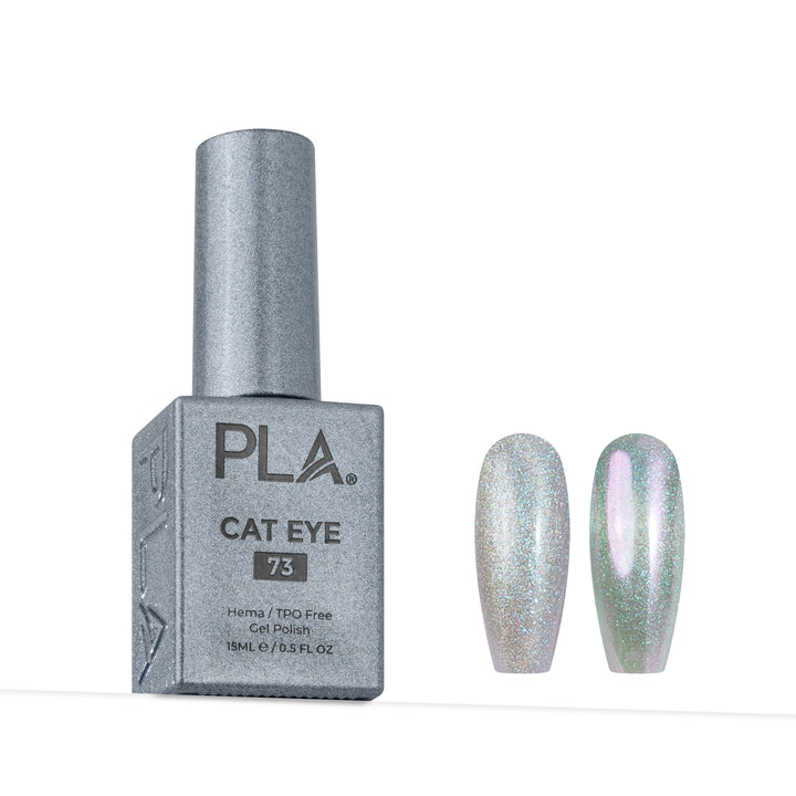 PLA Cat Eye 73 gel nail polish bottle in a metallic silver-gray color, shown next to two almond-shaped nail tips displaying the shimmering iridescent silver finish.