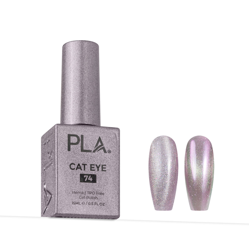 PLA Cat Eye gel nail polish shade 74 in a metallic silver bottle, shown next to two almond-shaped nail tips displaying the shimmering lavender-pink cat-eye effect.