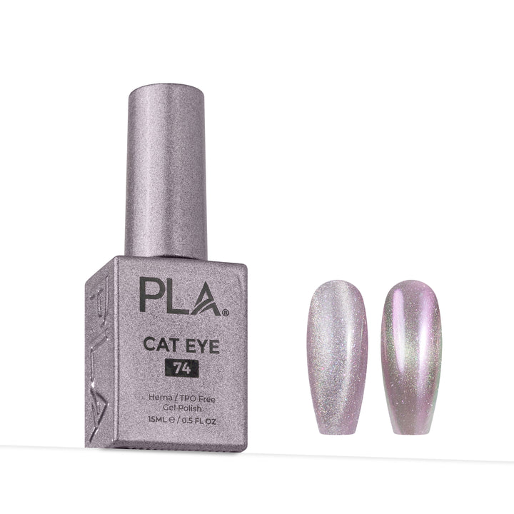 PLA Cat Eye gel nail polish shade 74 in a metallic silver bottle, shown next to two almond-shaped nail tips displaying the shimmering lavender-pink cat-eye effect.