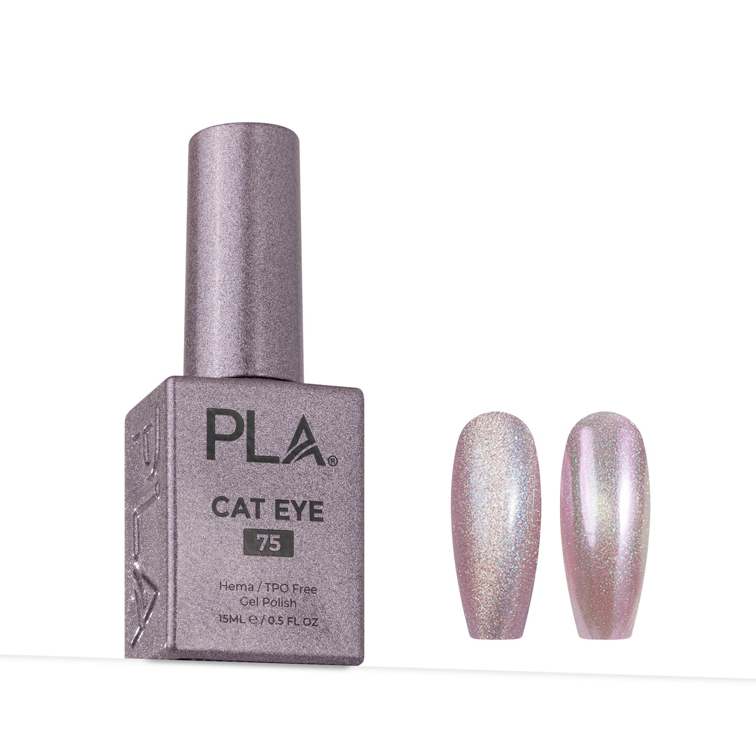 PLA Cat Eye gel nail polish in shade 75, shown in a metallic lavender bottle next to two false nails displaying the shimmering pink-lilac cat-eye finish.