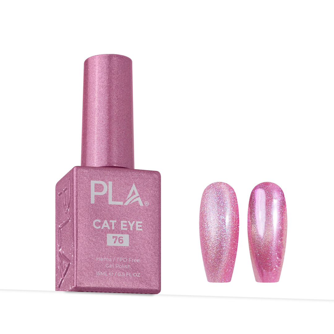 PLA Cat Eye gel nail polish in shade 76, shown in a metallic pink bottle alongside two almond-shaped nail tips displaying the shimmering pink and silver cat-eye effect.