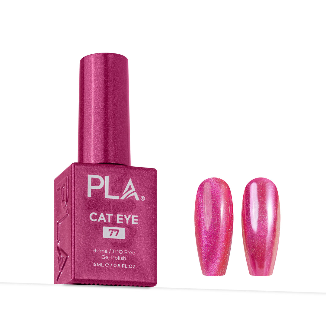 A bottle of PLA Cat Eye gel nail polish in shade 77, shown next to two artificial nail tips displaying the shimmering pink color effect, on a clean white background.