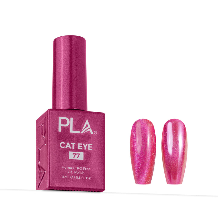 A bottle of PLA Cat Eye gel nail polish in shade 77, shown next to two artificial nail tips displaying the shimmering pink color effect, on a clean white background.
