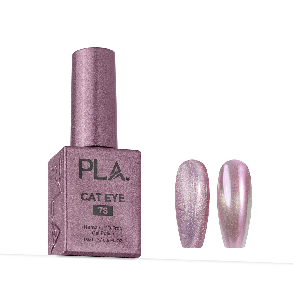 PLA Cat Eye 78 gel nail polish in a metallic mauve-purple bottle, shown next to two almond-shaped nail tips displaying the shimmering pink-purple cat-eye finish on a white background.