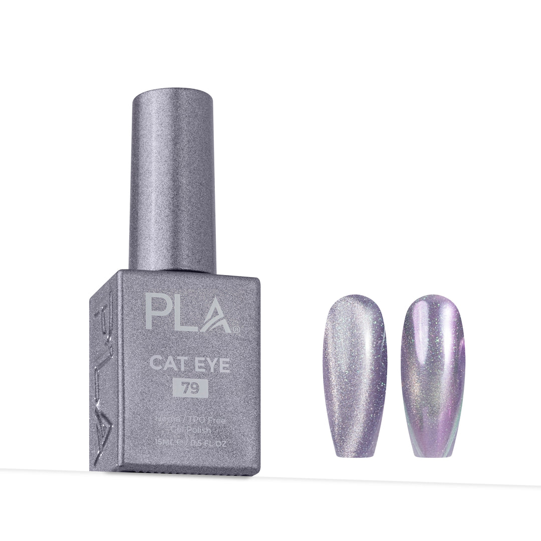 A bottle of PLA Cat Eye 79 gel nail polish shown next to two almond-shaped nail swatches displaying the shimmering silver and purple cat-eye effect, on a clean white background.
