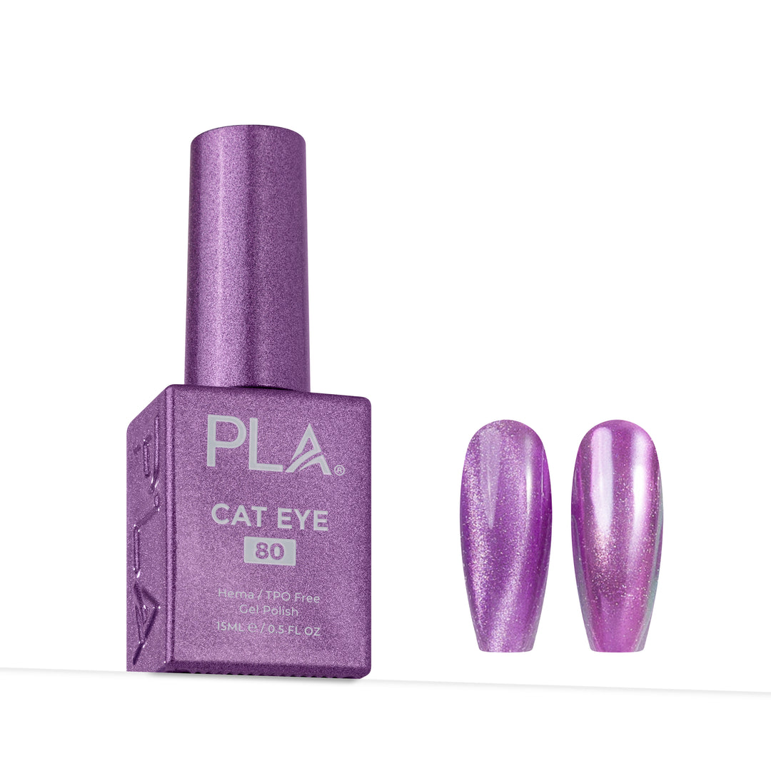 PLA Cat Eye nail polish bottle in shade 80, shown next to two almond-shaped nail tips displaying the shimmering purple color effect, on a clean white background.