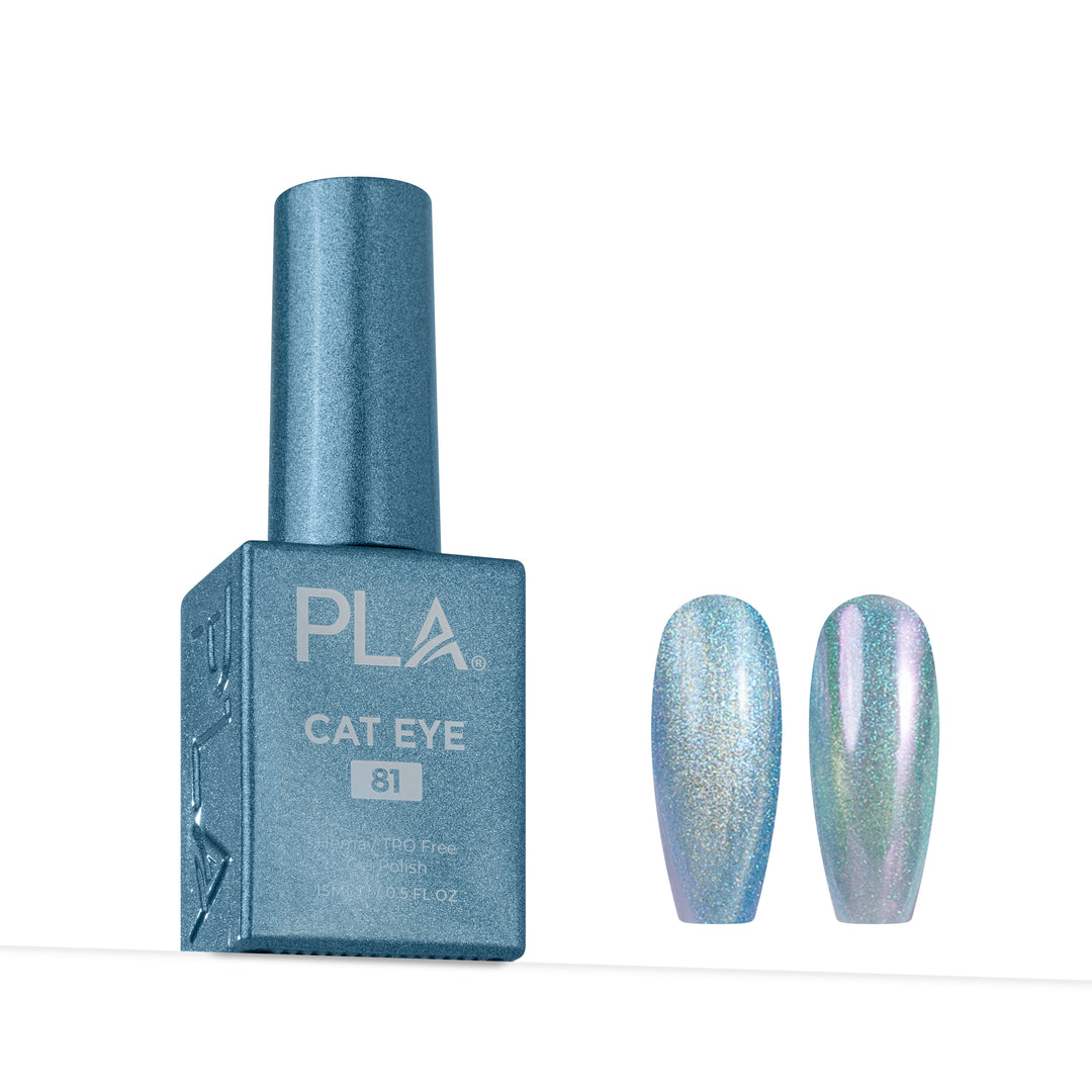 PLA Cat Eye nail polish in shade 81, shown in its metallic blue bottle alongside two almond-shaped nail tips displaying the shimmering iridescent finish.