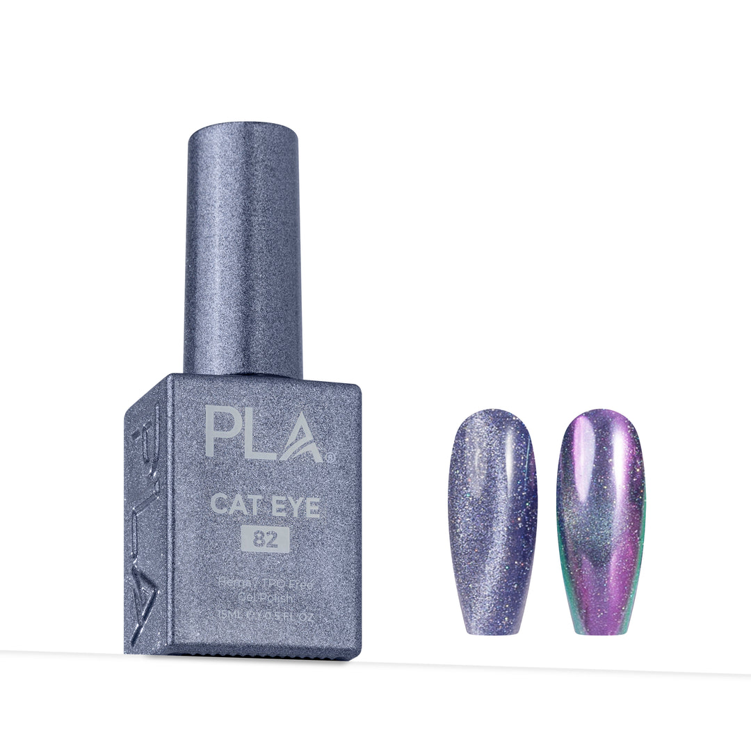 A bottle of PLA Cat Eye nail polish in shade 82, shown next to two artificial nail tips displaying the shimmering iridescent purple and blue-green cat-eye effect, on a white background.