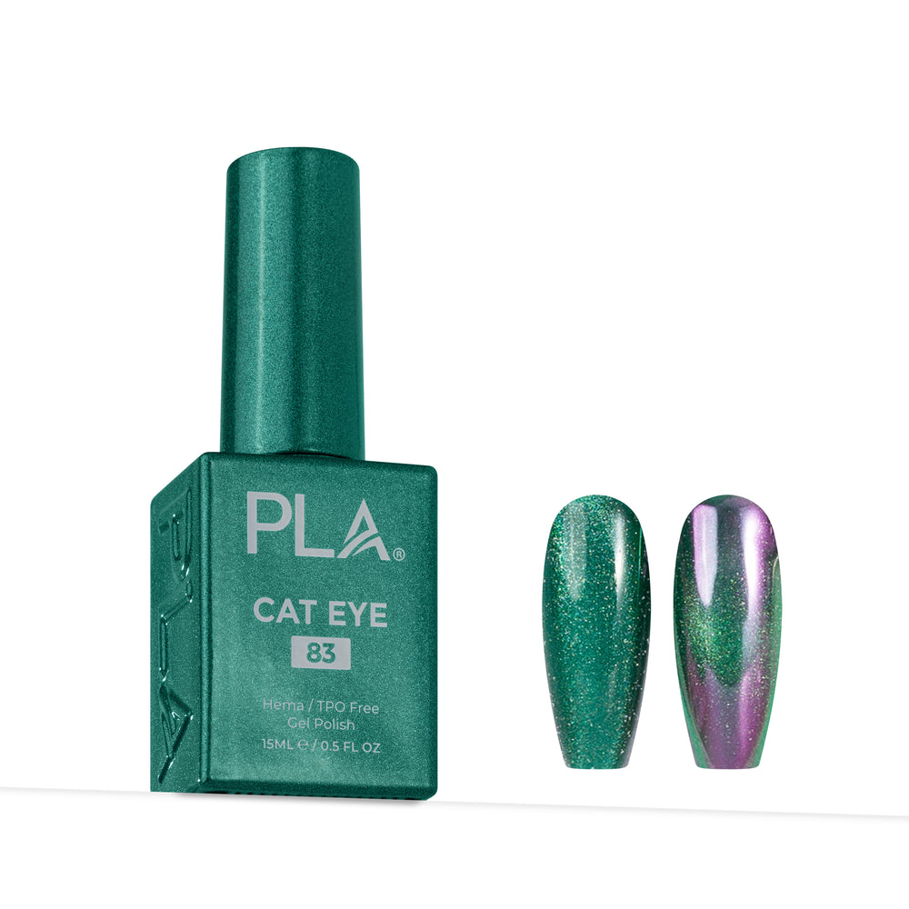 A bottle of PLA Cat Eye nail polish in shade 83 next to two nail tips showing the green glitter polish with an iridescent purple shift.