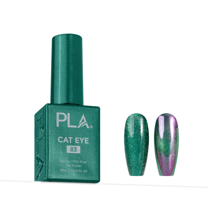 A bottle of PLA Cat Eye nail polish in shade 83 next to two nail tips showing the green glitter polish with an iridescent purple shift.