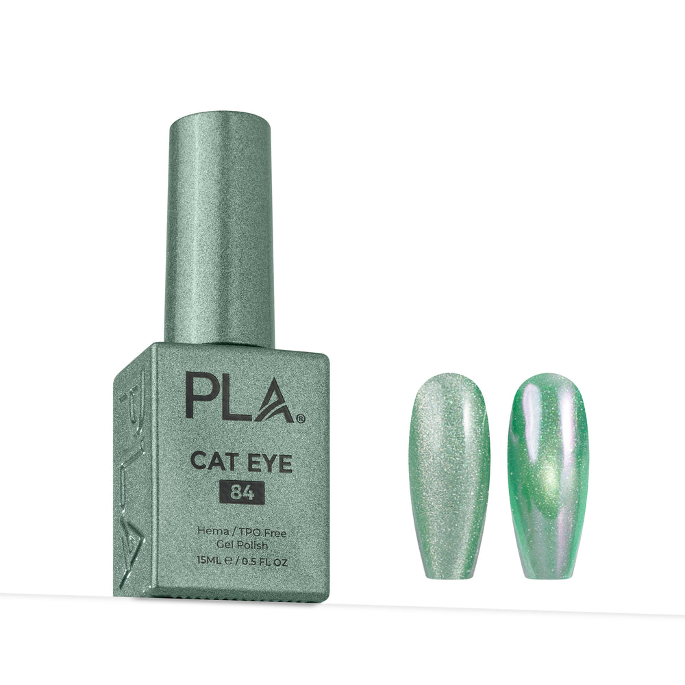 PLA Cat Eye gel nail polish in shade 84, shown in its metallic sage green bottle alongside two nail swatches displaying the shimmering green finish.