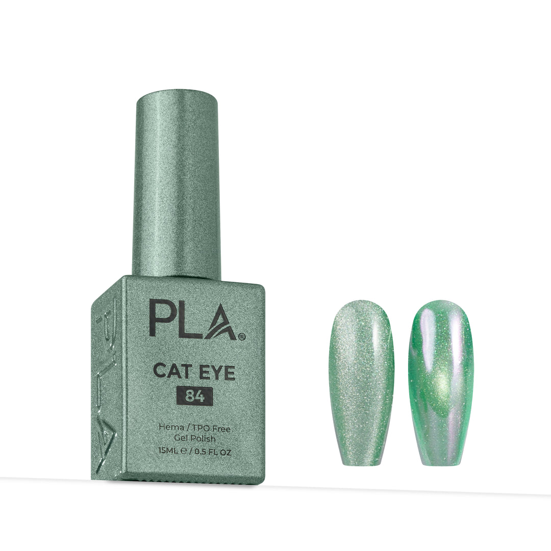 PLA Cat Eye gel nail polish in shade 84, shown in its metallic sage green bottle alongside two nail swatches displaying the shimmering green finish.