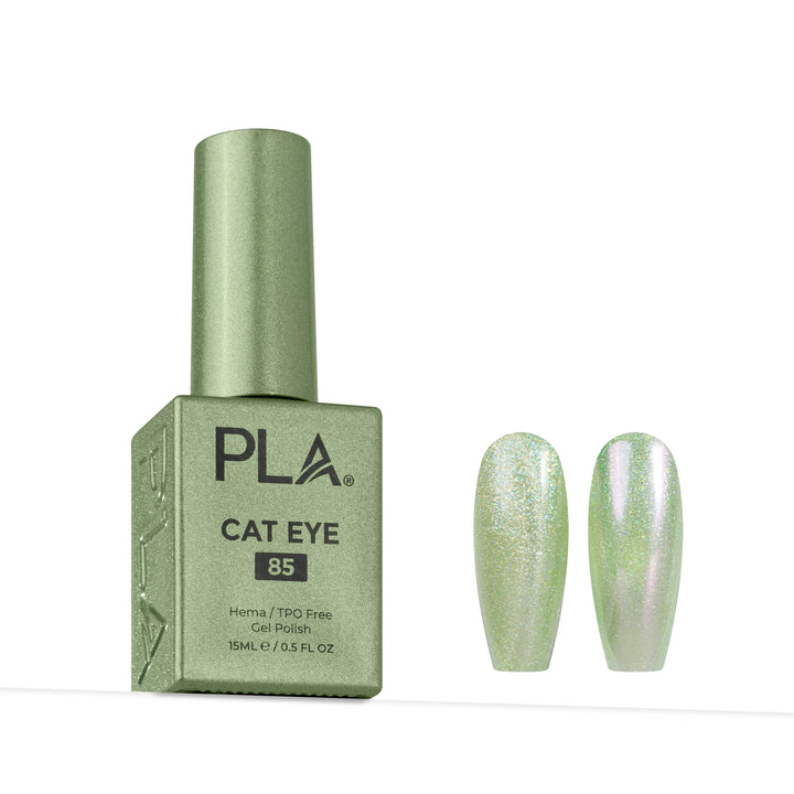 PLA Cat Eye 85 gel nail polish in a metallic sage green bottle, shown next to two almond-shaped nail tips displaying the shimmering light green polish.