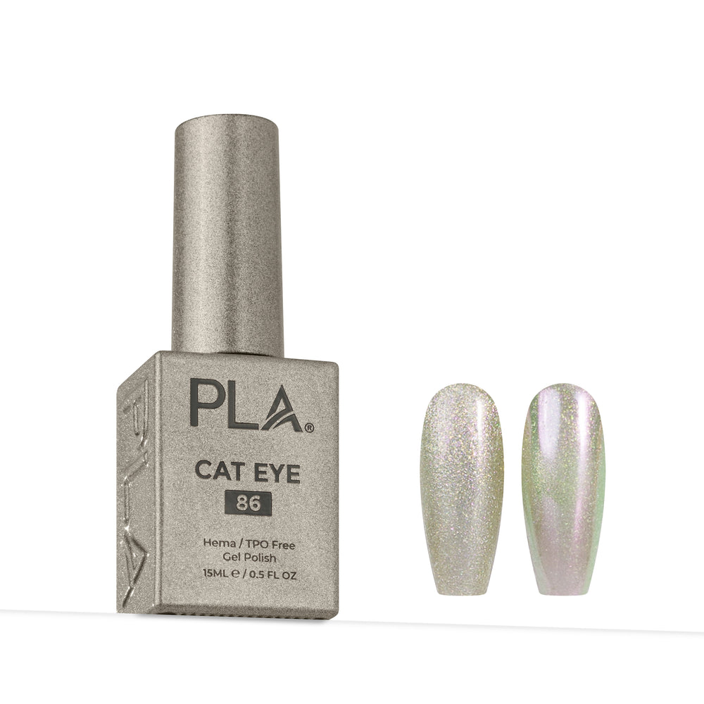 PLA Cat Eye gel nail polish in shade 86, shown in a metallic silver bottle next to two almond-shaped nail tips displaying the shimmering iridescent finish.