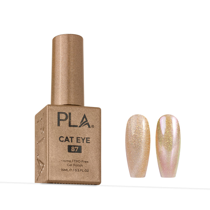 PLA Cat Eye 87 gel nail polish bottle in a metallic gold/bronze color, shown next to two almond-shaped nail tips displaying the shimmering gold and pink cat-eye effect.