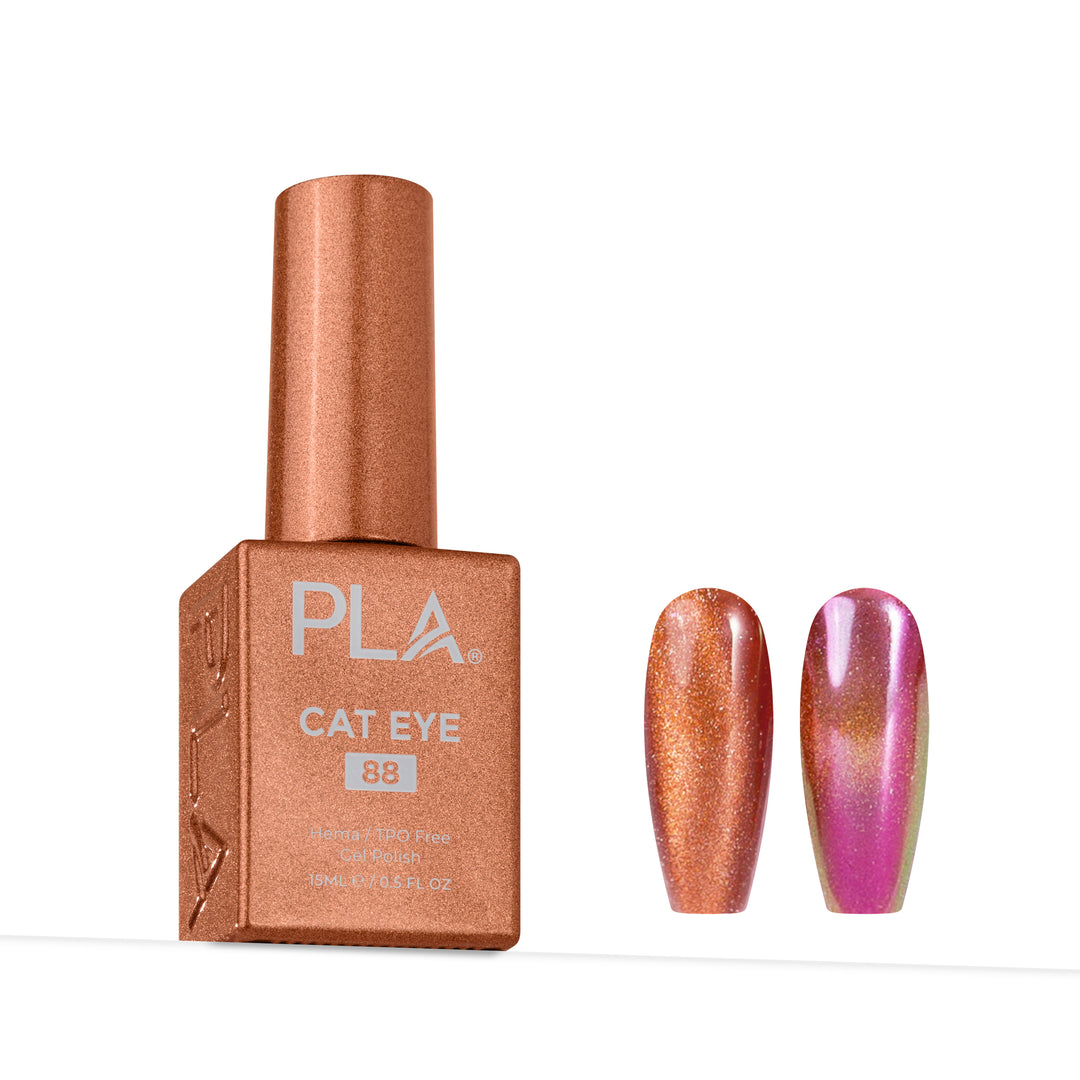 PLA Cat Eye nail polish shade 88 in a metallic copper-rose bottle, shown next to two nail swatches displaying the shimmering pink and gold cat-eye effect.