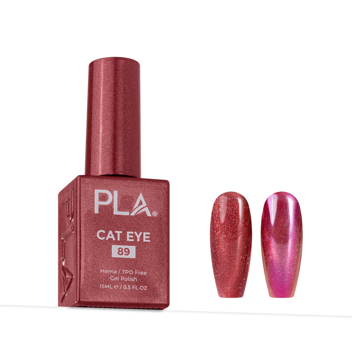 PLA Cat Eye gel nail polish shade 89 in a metallic rose-red bottle, shown next to two false nail tips displaying the shimmering pink-purple cat-eye finish on a white background.