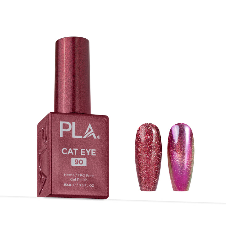 PLA Cat Eye 90 gel nail polish bottle shown next to two false nail tips demonstrating the shimmering red and iridescent finish on a white background.