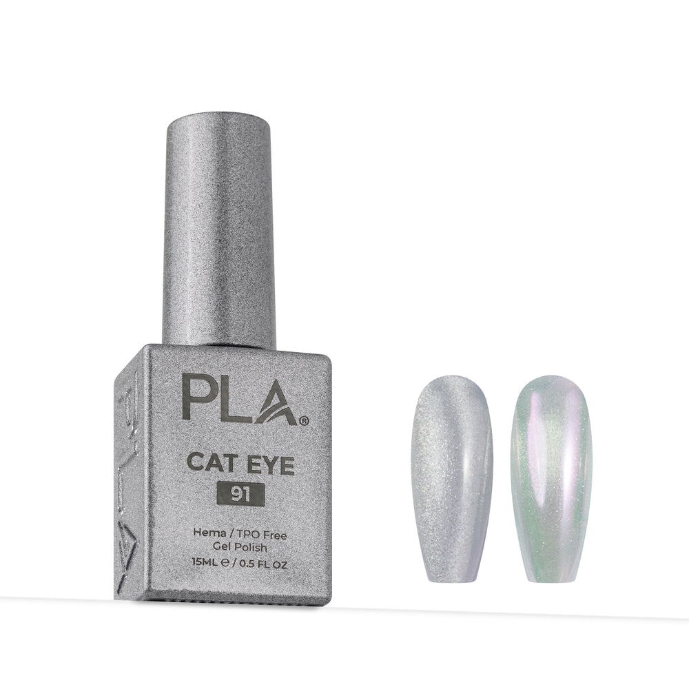 PLA Cat Eye 91 gel nail polish bottle shown next to two false nail tips demonstrating the shimmering silver and iridescent finish on a white background.