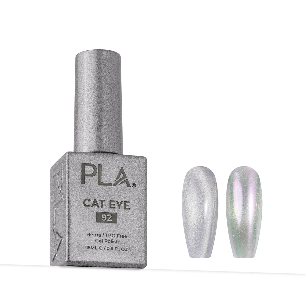 PLA Cat Eye 92 gel nail polish bottle in a metallic silver shade, shown next to two artificial nail tips displaying the shimmering silver finish.