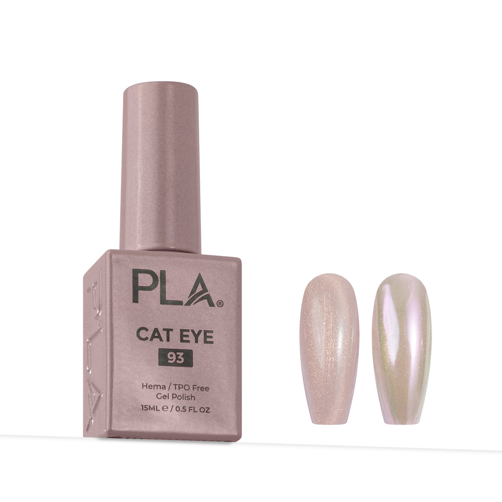 PLA Cat Eye 93 gel nail polish bottle shown next to two almond-shaped nail tips displaying the shimmering iridescent finish on a clean white background.
