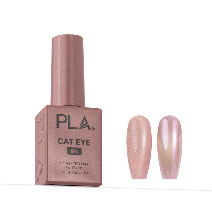 PLA Cat Eye 94 gel nail polish bottle in a metallic rose gold shade, shown next to two artificial nail tips displaying the shimmering pink and iridescent finish.