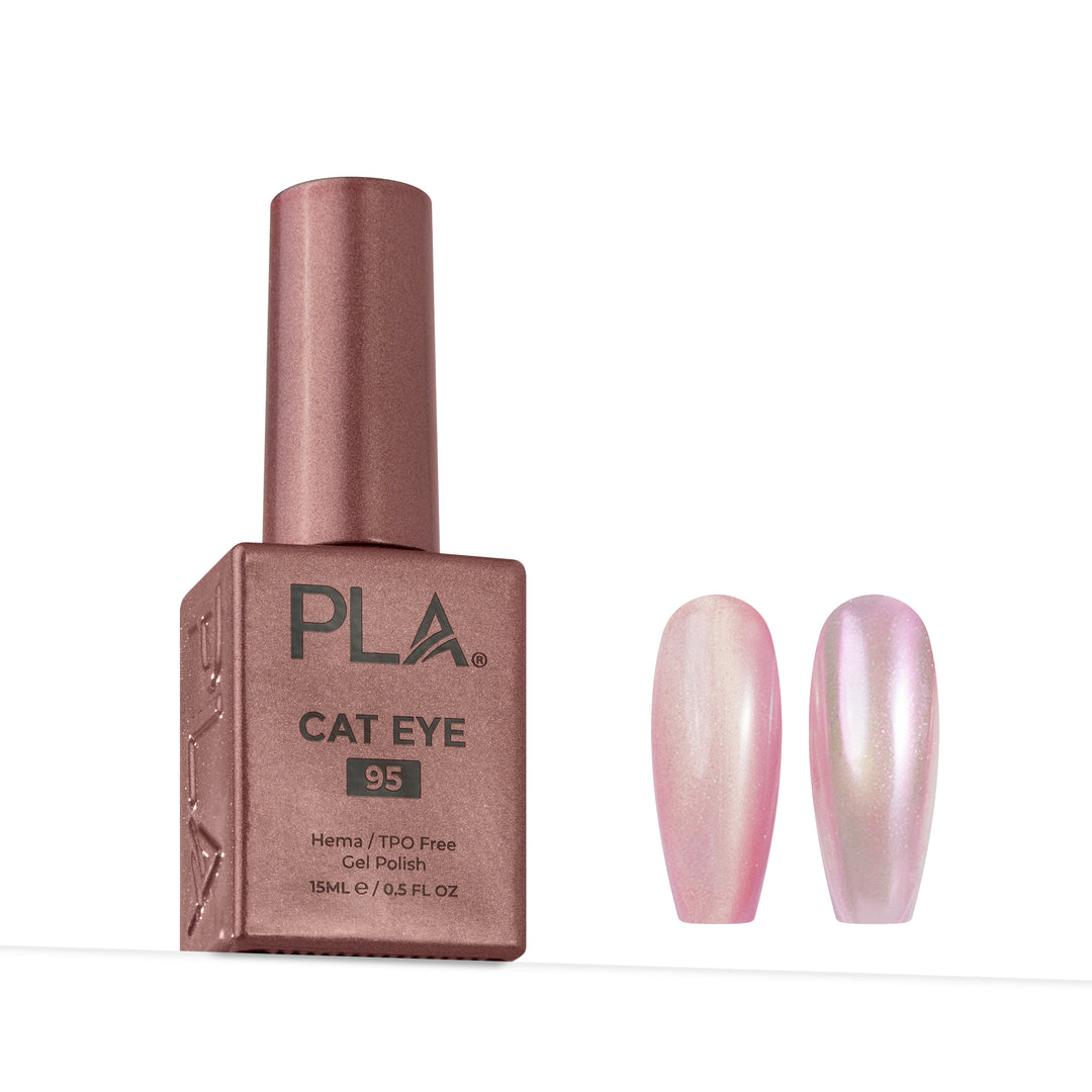 PLA Cat Eye 95 gel nail polish in a metallic rose gold bottle, shown next to two almond-shaped nail tips displaying the pink iridescent cat-eye shimmer.