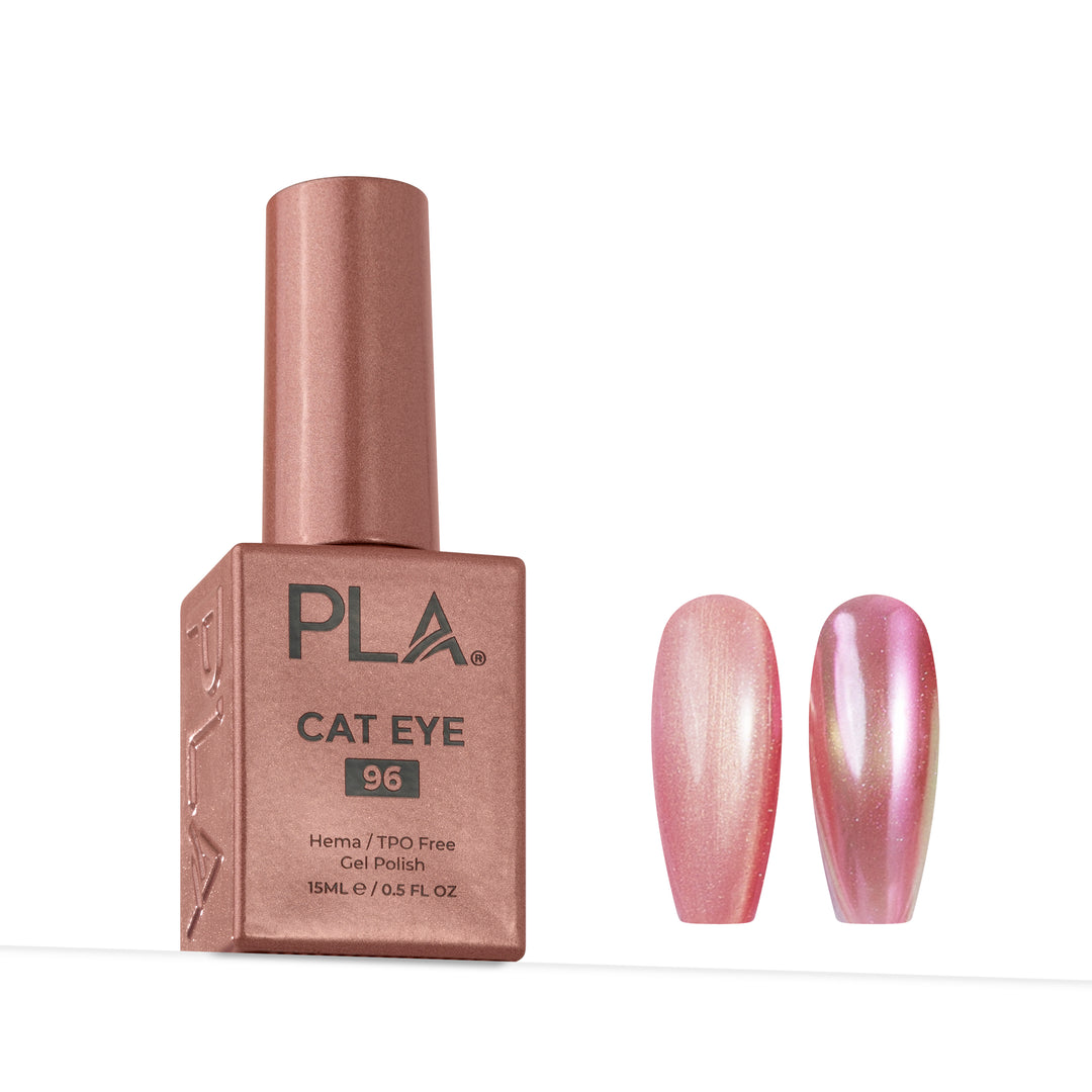 PLA Cat Eye 96 gel nail polish in a metallic rose gold bottle, shown next to two almond-shaped nail tips displaying the pink iridescent cat-eye shimmer.