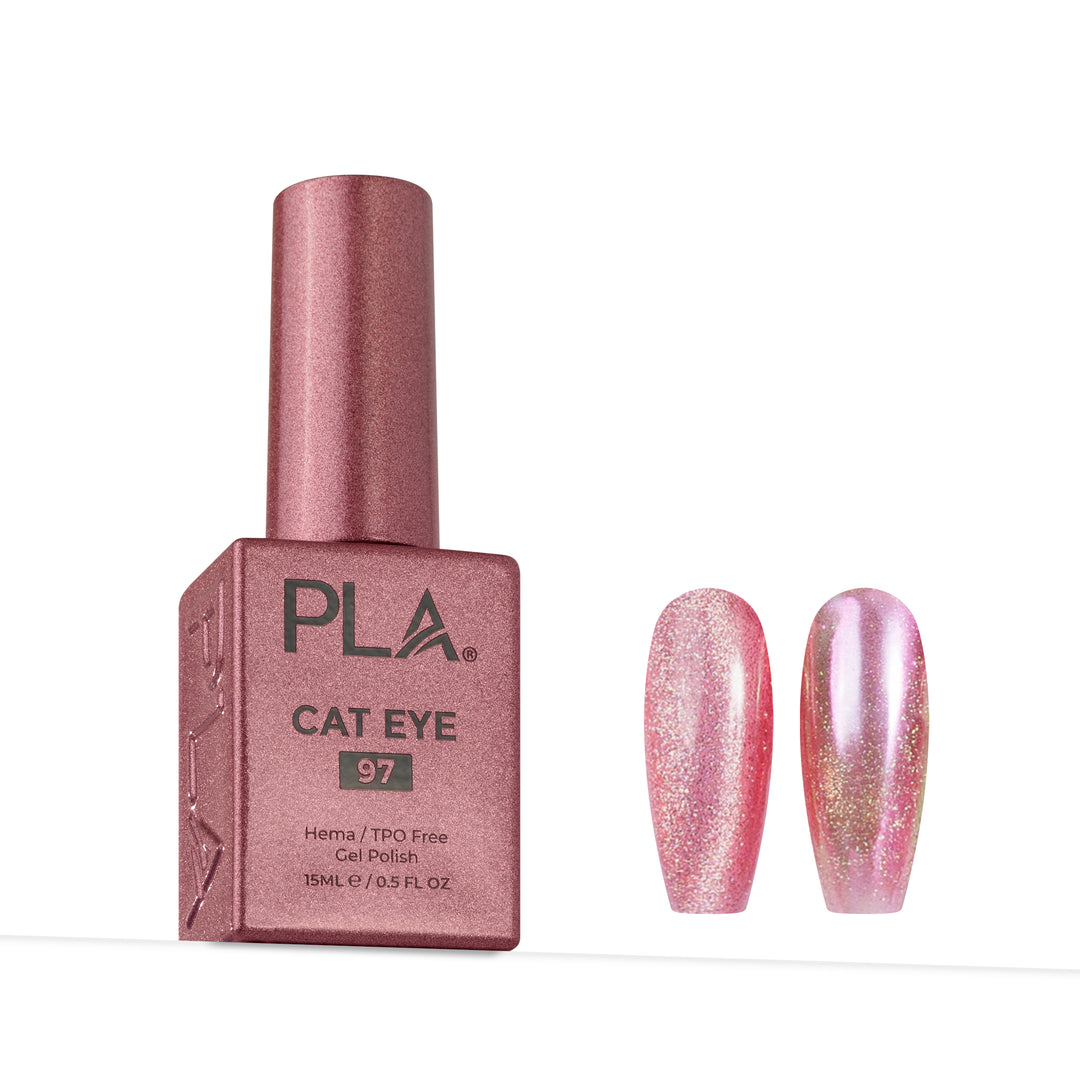 PLA Cat Eye 97 gel nail polish in a metallic rose pink bottle, shown next to two almond-shaped nail tips displaying the glittery pink and gold cat-eye finish.