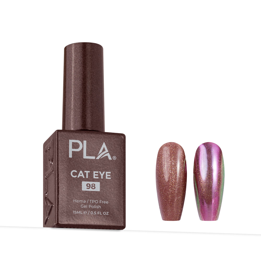 PLA Cat Eye 98 gel nail polish bottle shown next to two false nail tips displaying the shimmering iridescent finish, on a clean white background.