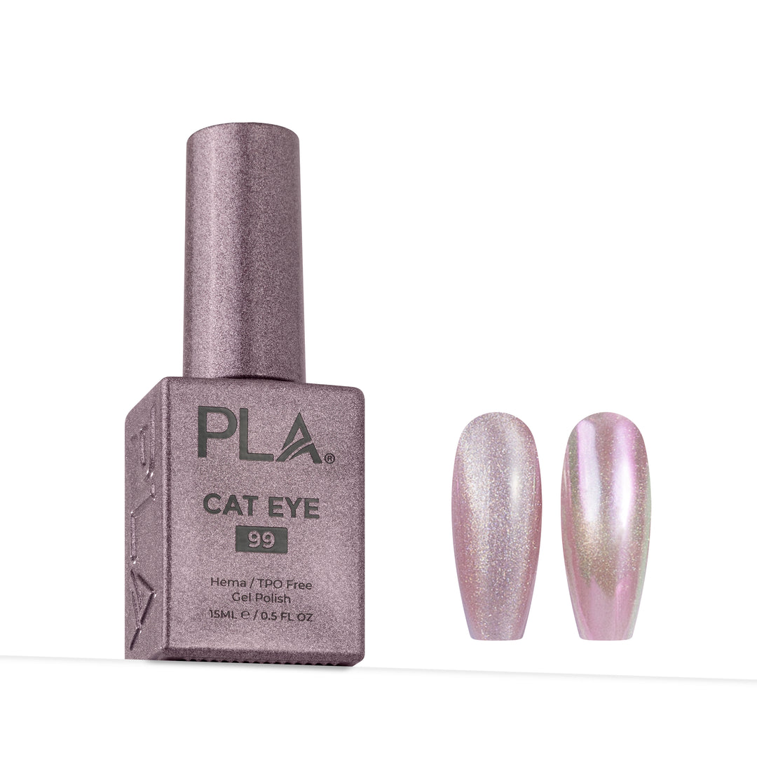A bottle of PLA Cat Eye 99 gel nail polish in a sparkling lavender-purple shade, displayed next to two almond-shaped nail tips showing the shimmering iridescent pink-lilac finish.