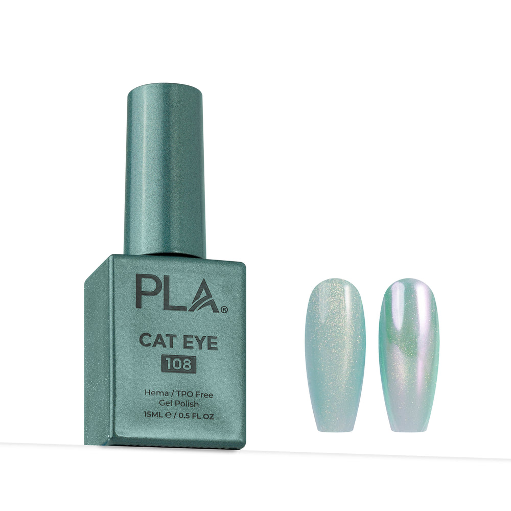 PLA Cat Eye 108 gel nail polish bottle in a metallic teal-green shade, shown next to two false nail tips displaying the iridescent, shimmering finish of the polish.