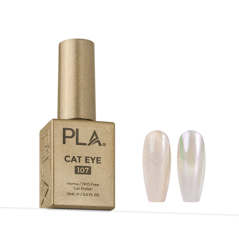 PLA Cat Eye 107 gel nail polish bottle in a metallic gold box next to two false nails showing the shimmering iridescent finish, on a white background.