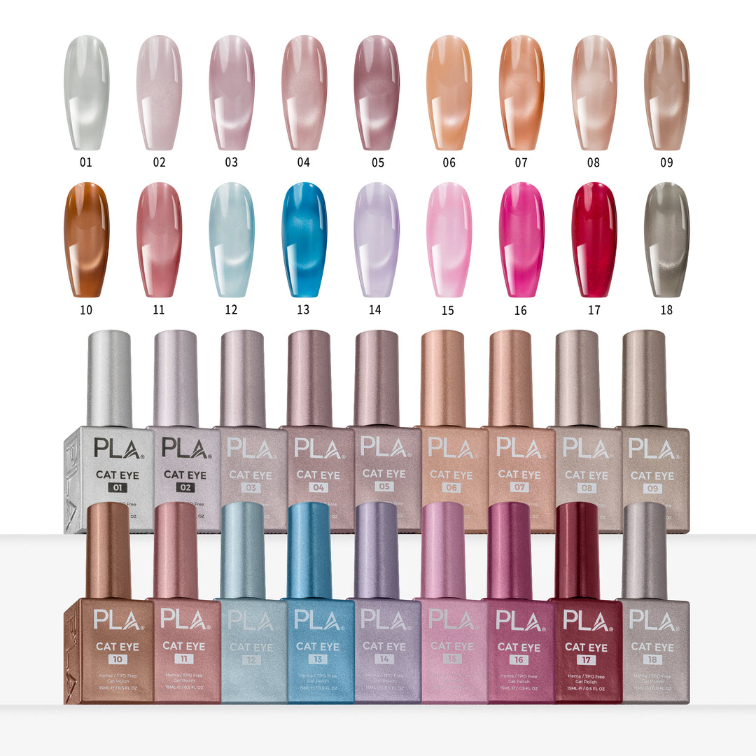 PLA Cat Eye gel nail polish color chart showing 18 sample nail swatches in different shades above 18 matching bottles, including neutral, pink, blue, and metallic finishes.