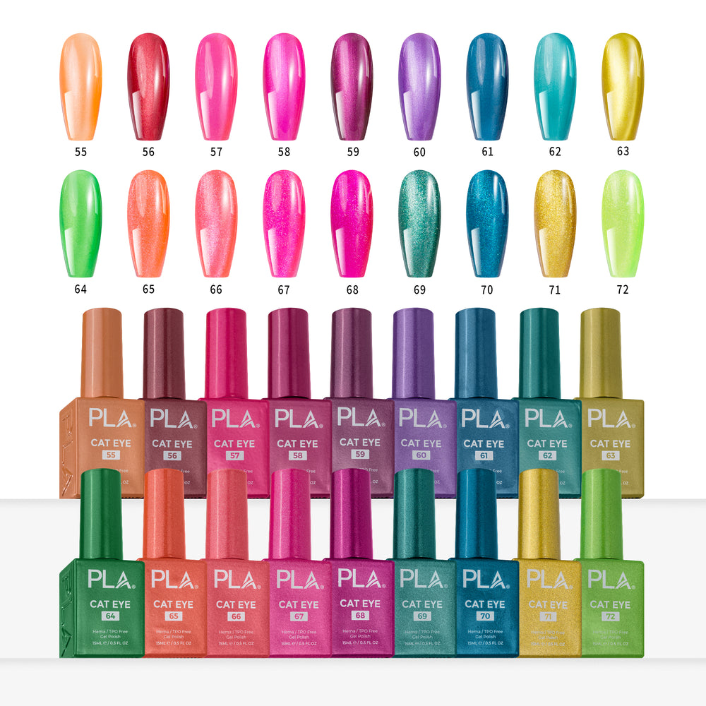 A grid of nail polish color swatches and matching bottles labeled PLA. Cat Eye, showing 18 different shades ranging from peach and pink to purple, teal, gold, and green on a white background.