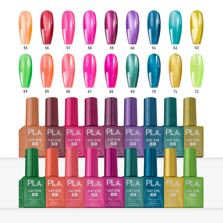 A grid of nail polish color swatches and matching bottles labeled PLA. Cat Eye, showing 18 different shades ranging from peach and pink to purple, teal, gold, and green on a white background.