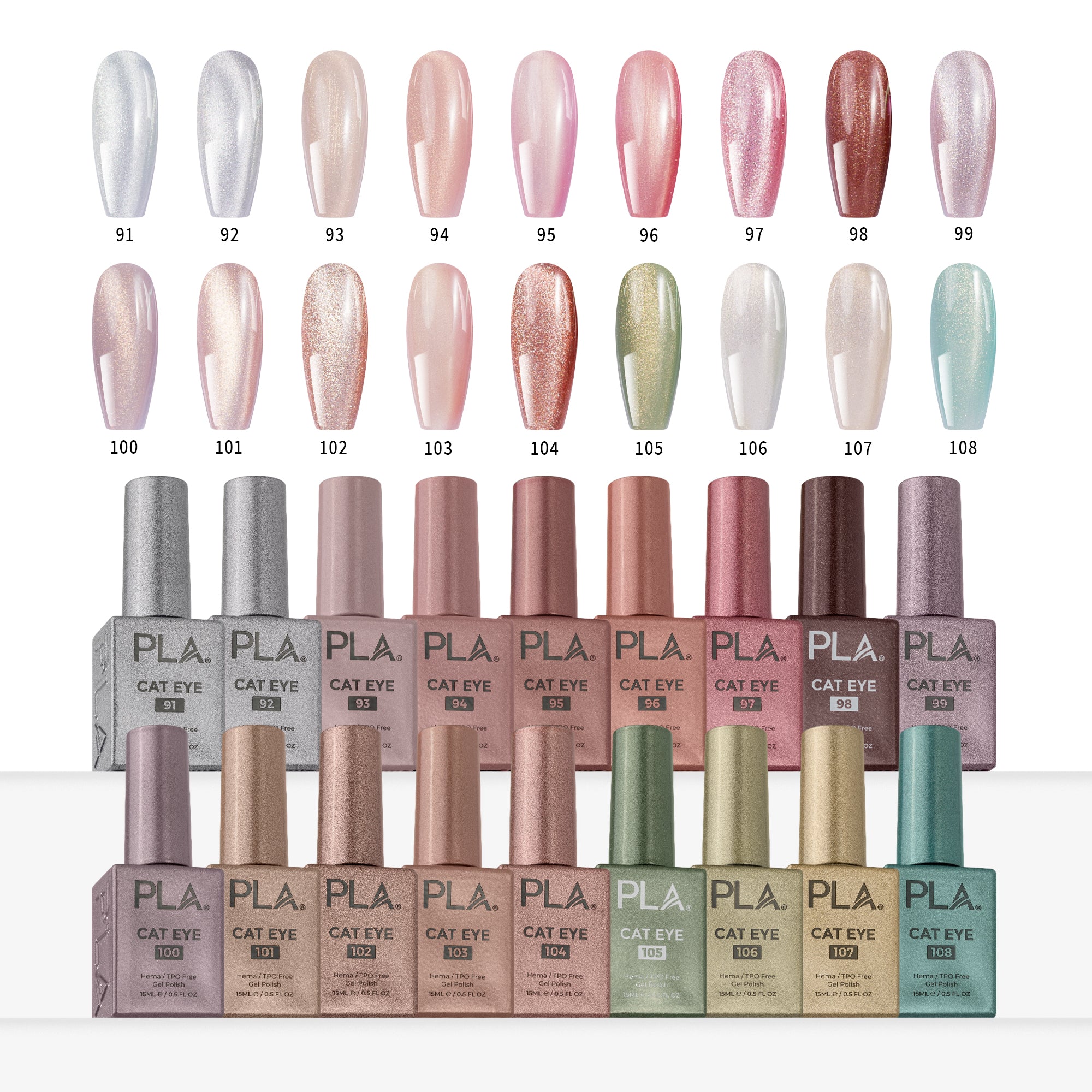 A collection of nail polish bottles labeled PLA. Cat Eye, arranged in rows with corresponding color swatches above the bottles.