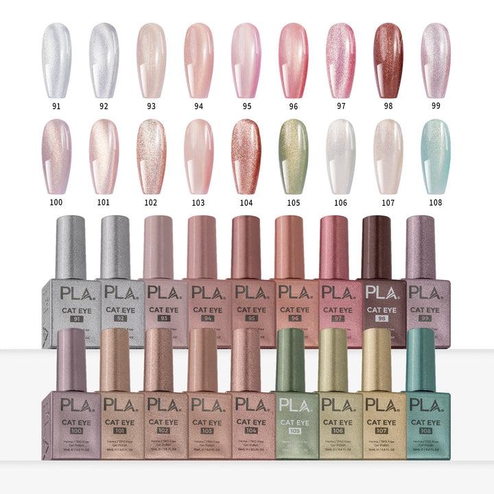 A collection of nail polish bottles labeled PLA. Cat Eye, arranged in rows with corresponding color swatches above the bottles.