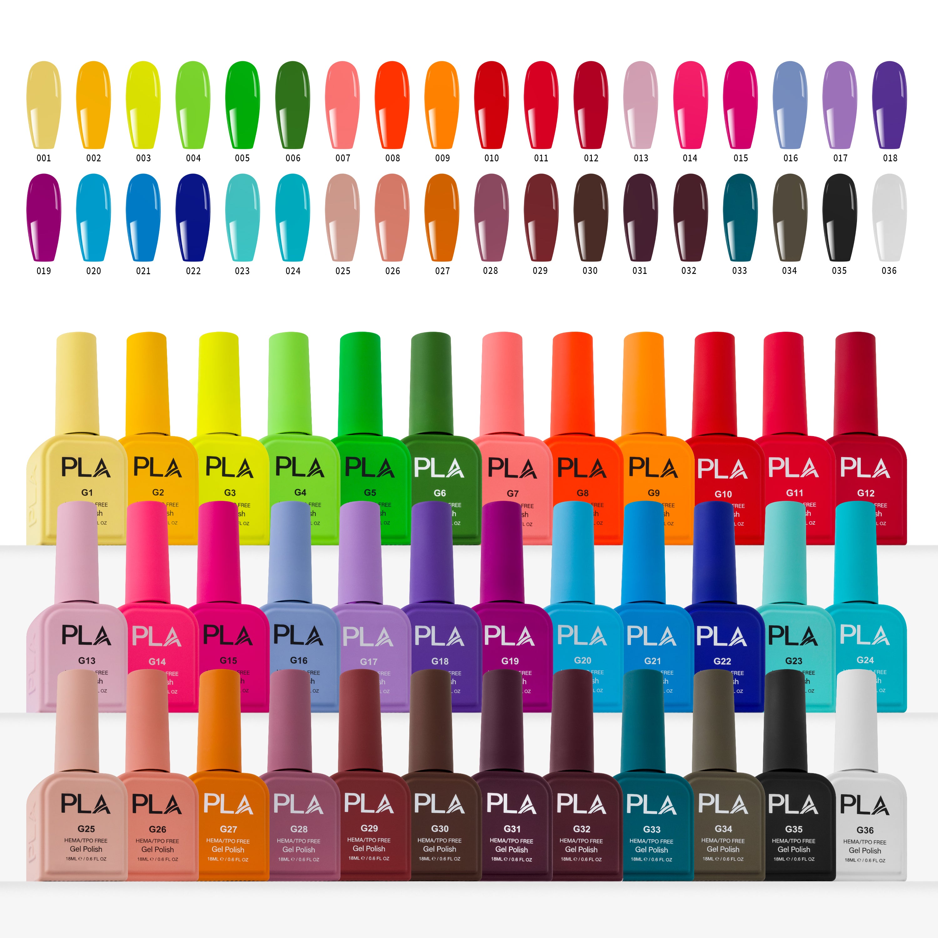 A large collection of PLA nail polish bottles arranged in rows, with corresponding color swatches displayed above each bottle. The collection features a wide range of vibrant colors and neutral shades, including yellows, greens, pinks, purples, blues, reds, oranges, browns, and whites, all under the PLA brand.
