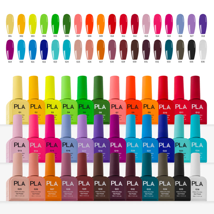 A large collection of PLA nail polish bottles arranged in rows, with corresponding color swatches displayed above each bottle. The collection features a wide range of vibrant colors and neutral shades, including yellows, greens, pinks, purples, blues, reds, oranges, browns, and whites, all under the PLA brand.