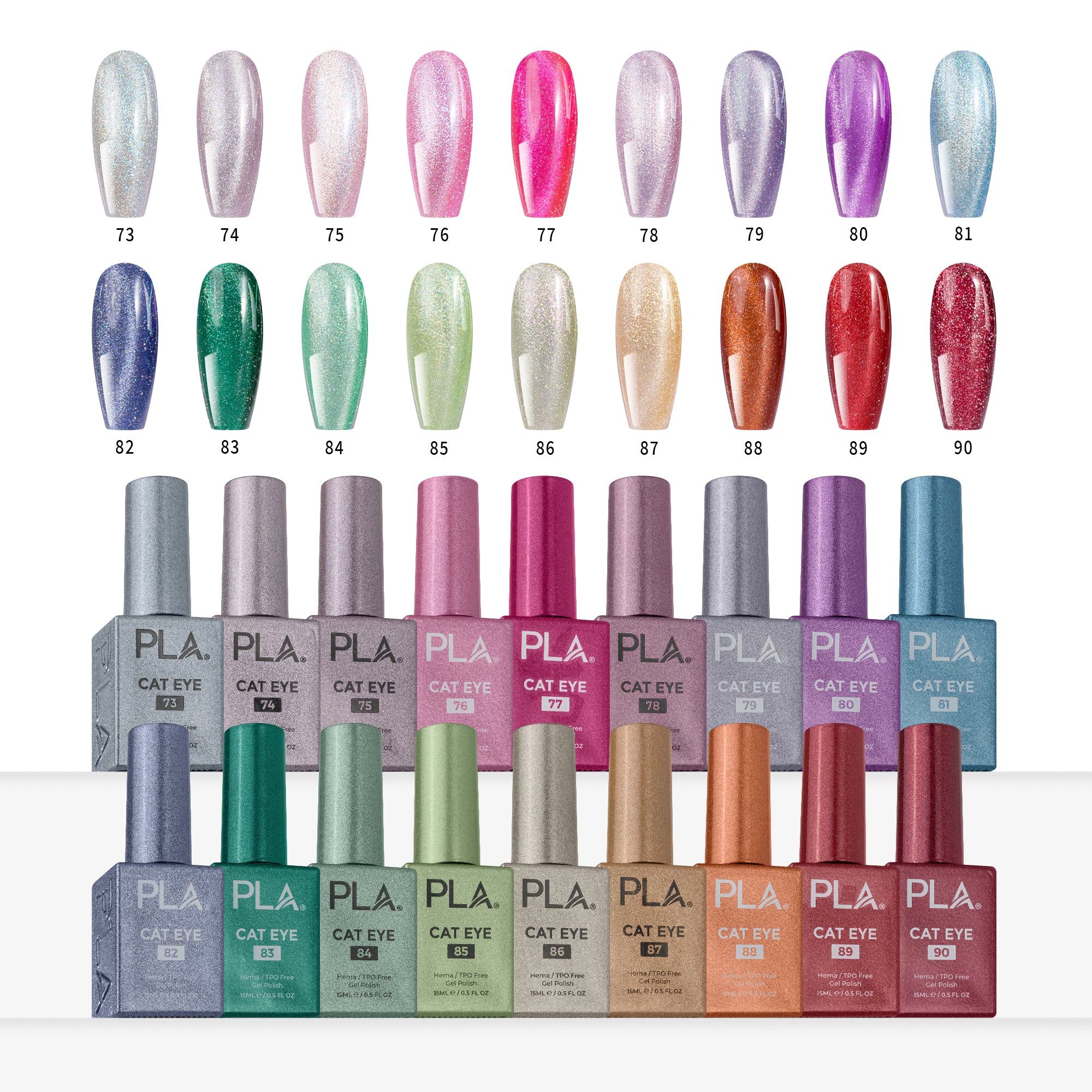 A color chart and bottle lineup of PLA. Cat Eye gel nail polish in 18 shades, showing both the nail tip color swatches  and the corresponding colored bottles on a white background.