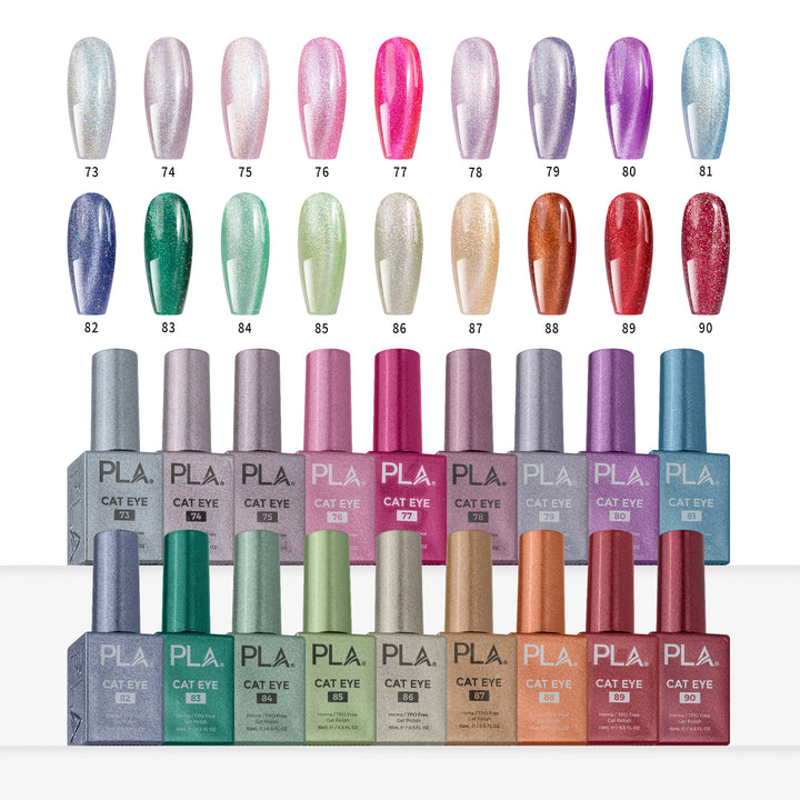 A color chart and bottle lineup of PLA. Cat Eye gel nail polish in 18 shades, showing both the nail tip color swatches  and the corresponding colored bottles on a white background.